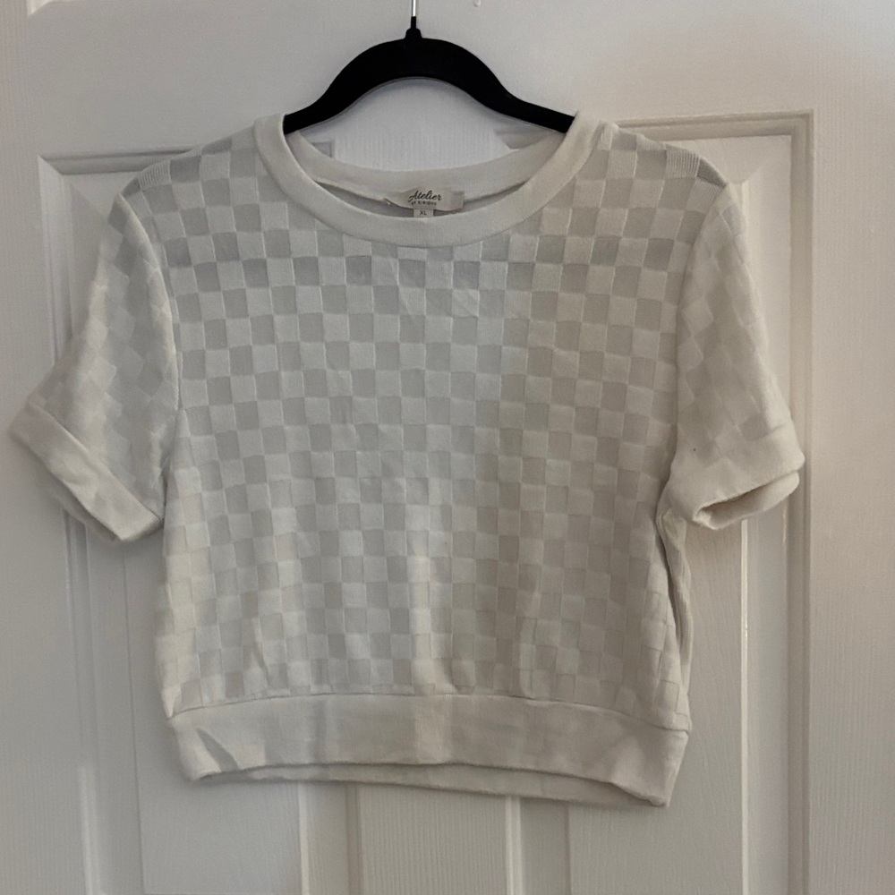 Alya Cream Checker Crop Top - Short Sleeve Knit